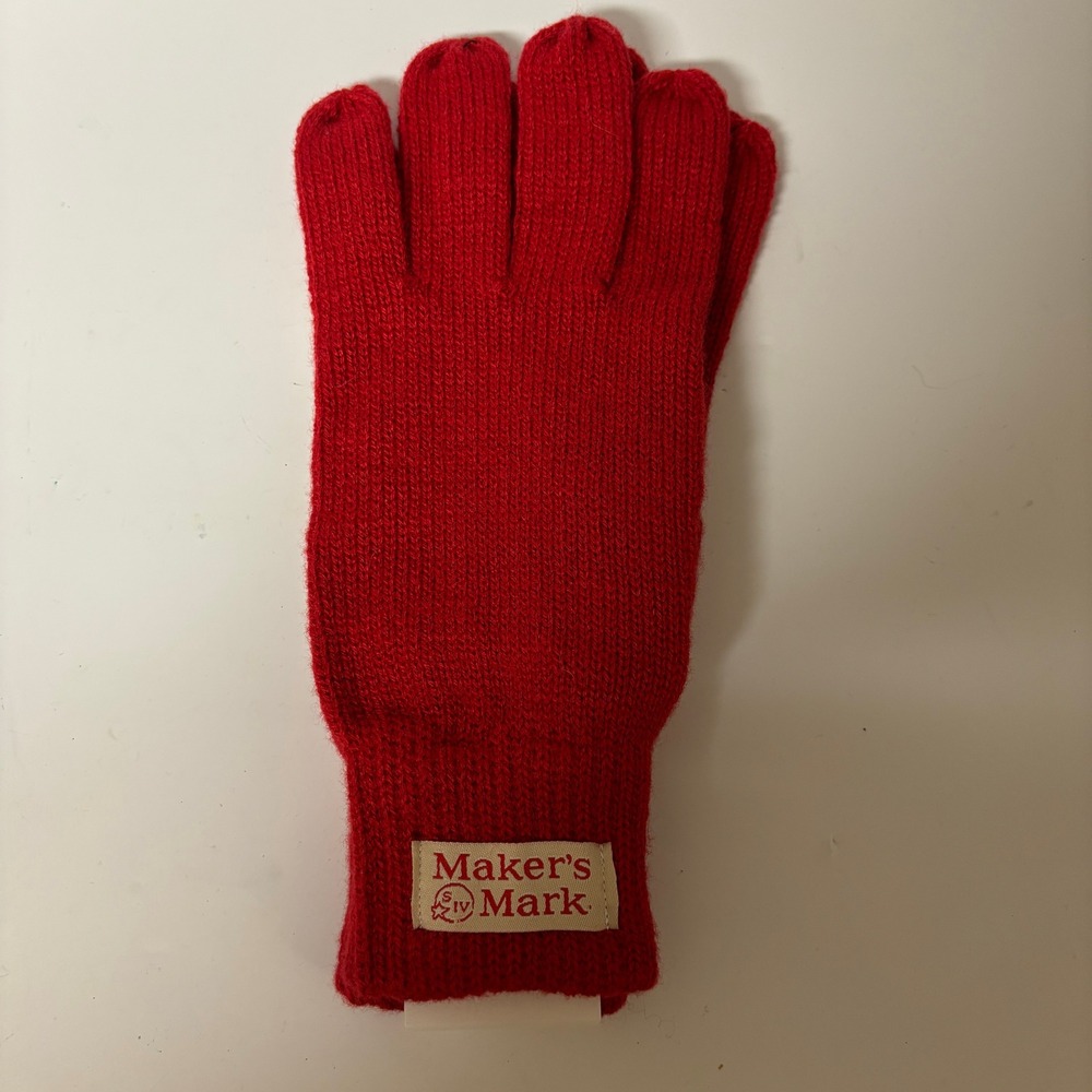 Maker's Mark Red Knit Gloves Brown Palm Grip Winter Accessory Bourbon Whisky